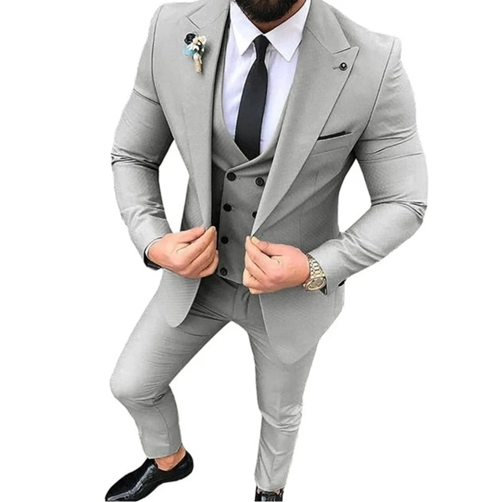 Fashion Men's Suits 3 PCS Notch lapel Slim Fit Blazer Casual Prom Terno Best Men Groom Tuxedos For Wedding (Blazer+Vest+Pants)