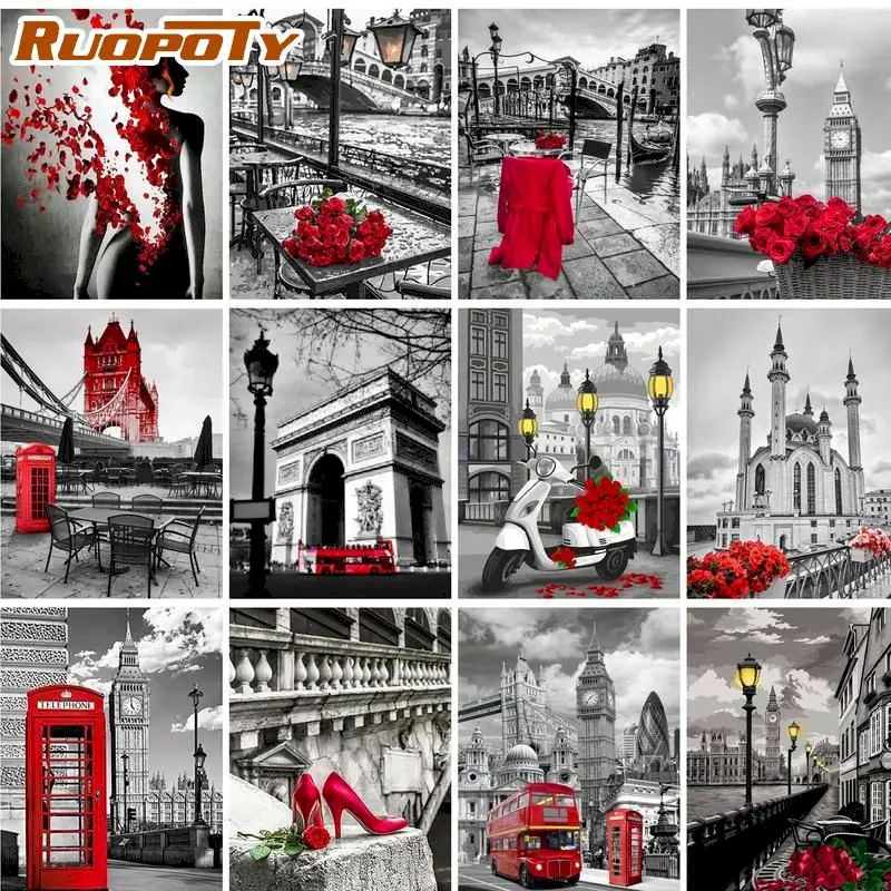 

RUOPOTY 60x75cm Frame Painting By Numbers Black Red Landscape Paint By Numbers On Canvas Painting For Home Decor Gift