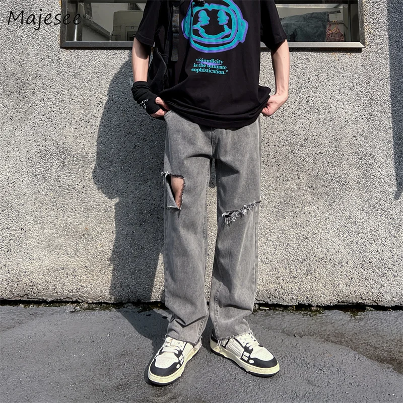 

Джинсы мужские прямые с дырками, Модные Повседневные Дышащие простые однотонные брюки на молнии для подростков, Мягкие штаны для молодежи, цвет серый, лето