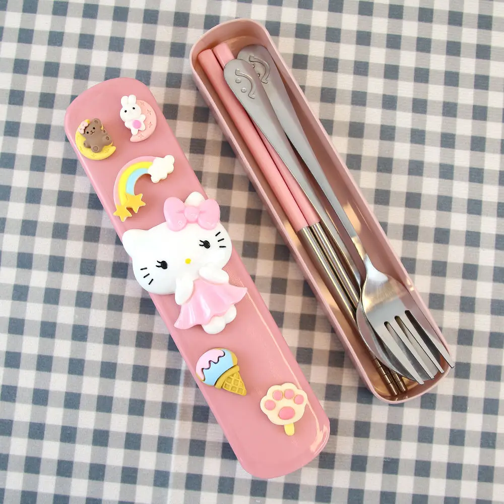 

Портативные столовые приборы Hello Kitty из нержавеющей стали, палочки для еды, ложка, вилка, набор для путешествий, милые аниме мимелоди, милые к...