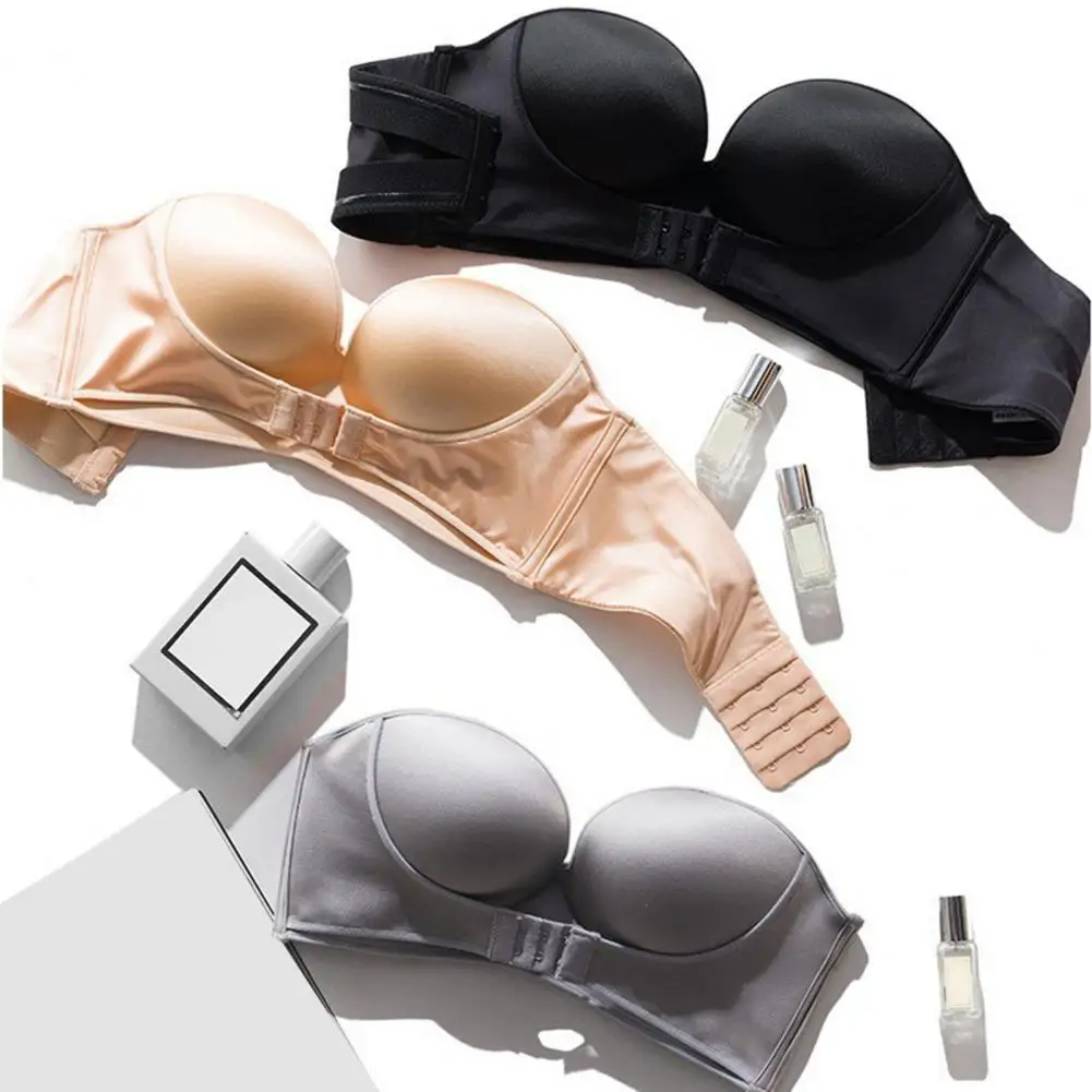 

Women Push-up Bra Front Closure Strapless Bras for Women Sexy Push Up Bandeau Brassieres with Solid Colors 3/4 Cup Design Front