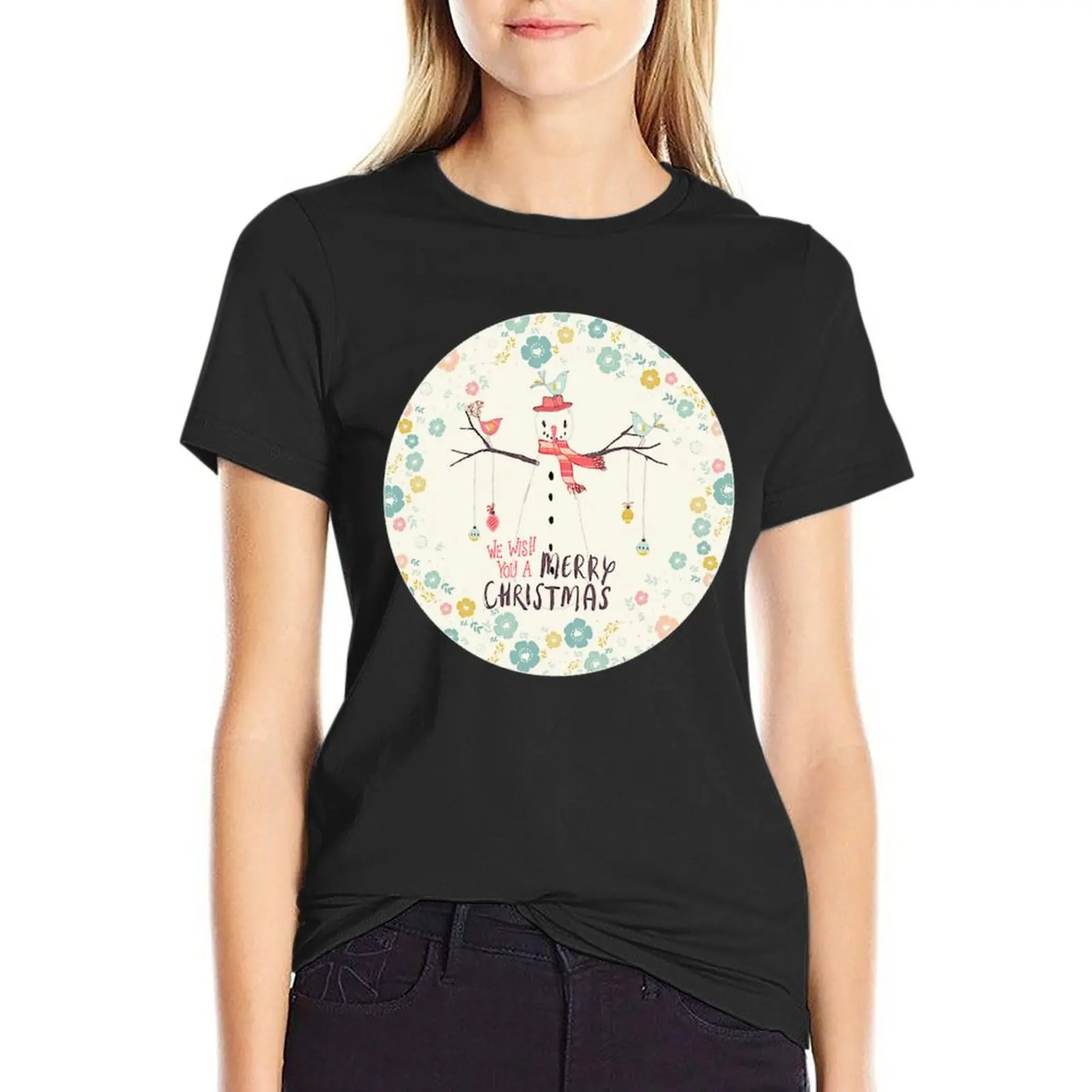 

Flower Power Tee Shirt Christmas Snowman 100 Cotton Printed Ladies T Shirt Short Sleeve Street Wear T-Shirt