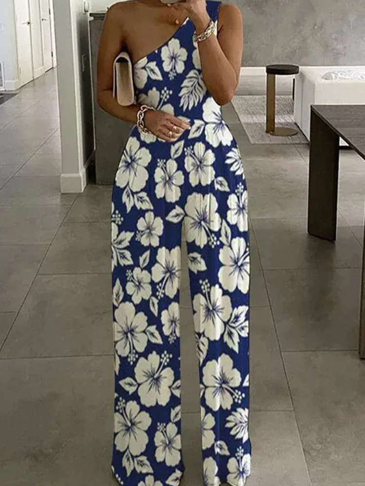 

Sexy Slant Collar Wrap Wide Leg Jumpsuit Lady Floral Print Off Shoulder Pleated Party Romper Sexy Sleeveless High Waist Overalls