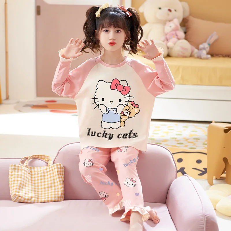 

New Spring and Autumn Kids Pajamas Kawaii Sanrio Anime Hello Kitty Long Sleeve Kids Pajamas Cartoon Cute Boys Girl Homewear Gift