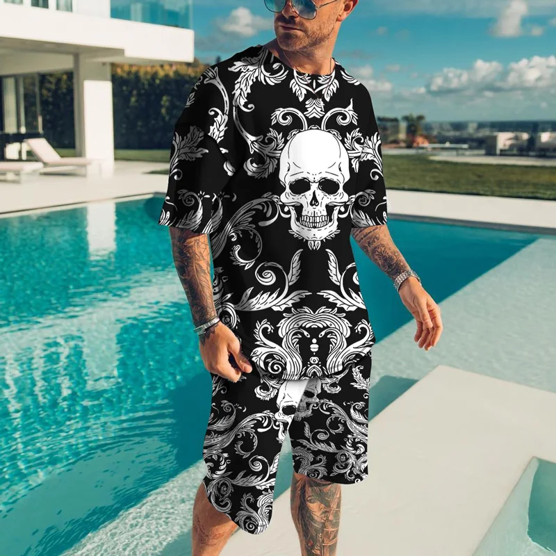 2023 Summer New Men's Fashion Casual Sports Short Sleeve Shorts Two Piece 3D Digital Printing Skull Head Street Retro Clothing
