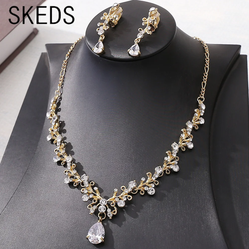 

SKEDS 3 pcs/set Women Classic Luxury Rhinestone Pendant Necklace Earrings Set Exquisite Crystal Wedding Party Jewelry For Lady