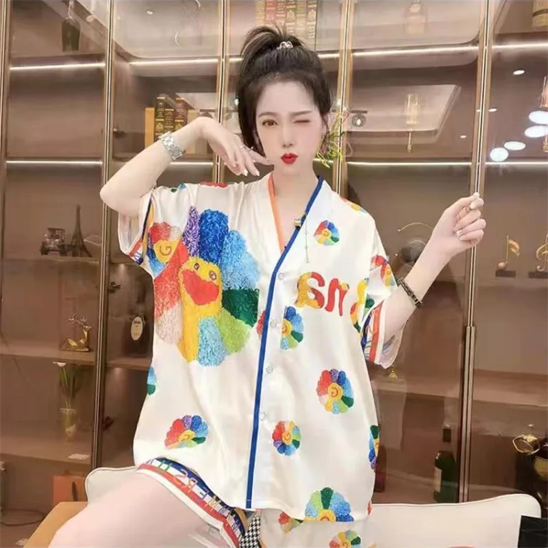2023 Summer New SUNFLOWER Artificial Silk Short Sleeve Pajamas Women's Homewear Three-Piece Suit Women's Pajamas Suit