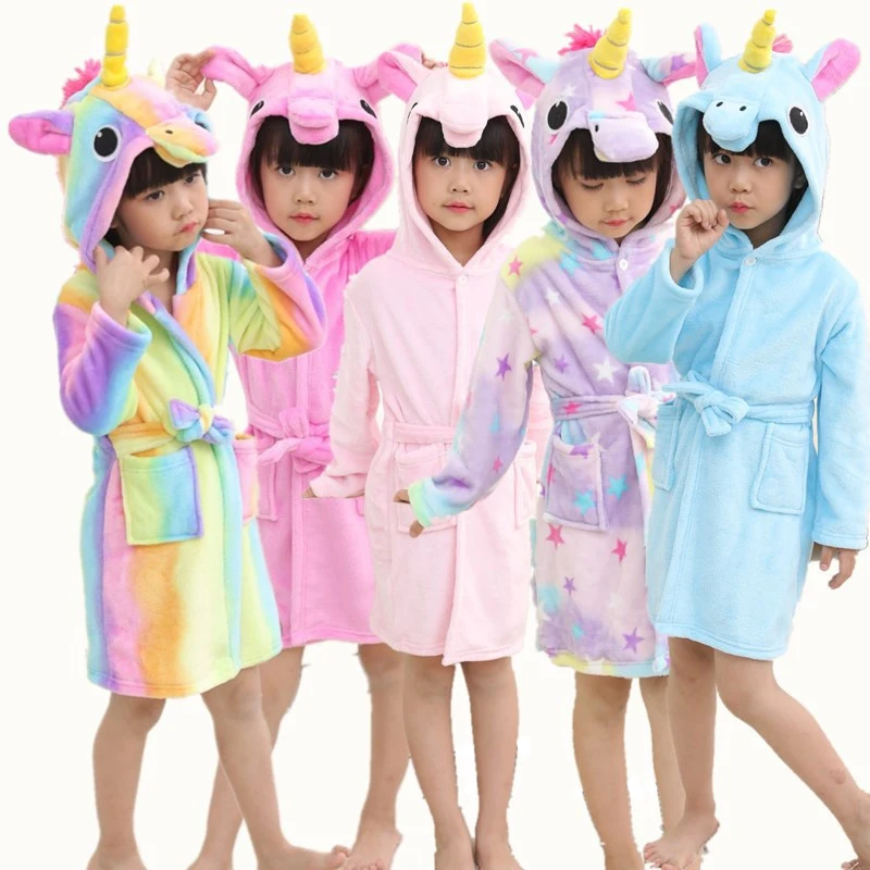 

Autumn Winter Robes For Girls Hood Sleepwear Kids Cartoon Unicorn Bathrobe Warm Gown Children Flannel Animal Pajamas Boys Robes