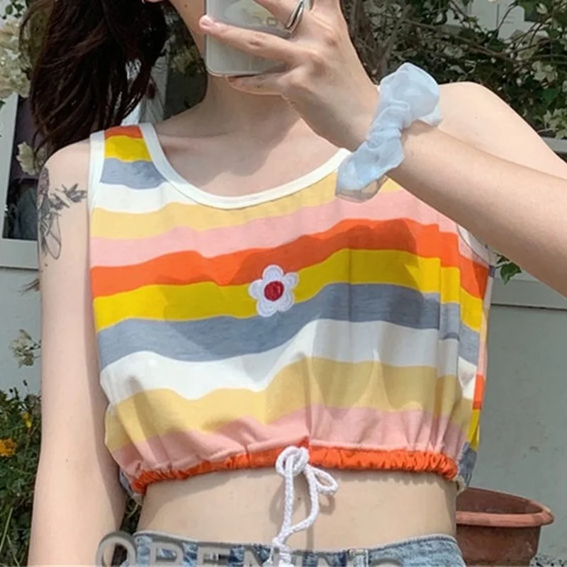 

Rainbow-striped Tanks Women Kawaii Embroidery Fashion Crop Top Korean Style Ulzzang Slender Lace-up Womens Vintage Chic Summer