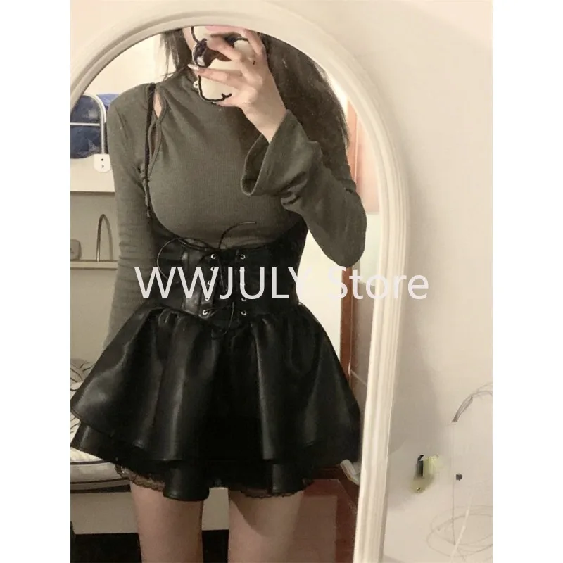 Женская футболка с длинным рукавом и плиссированная юбка из ПУ кожи