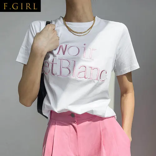 

F GIRLS O Neck Letter Embroidery Y2k Tops Loose Casual Tees Short Sleeve T Shirt Korean Fashion All Match Ropa Mujer