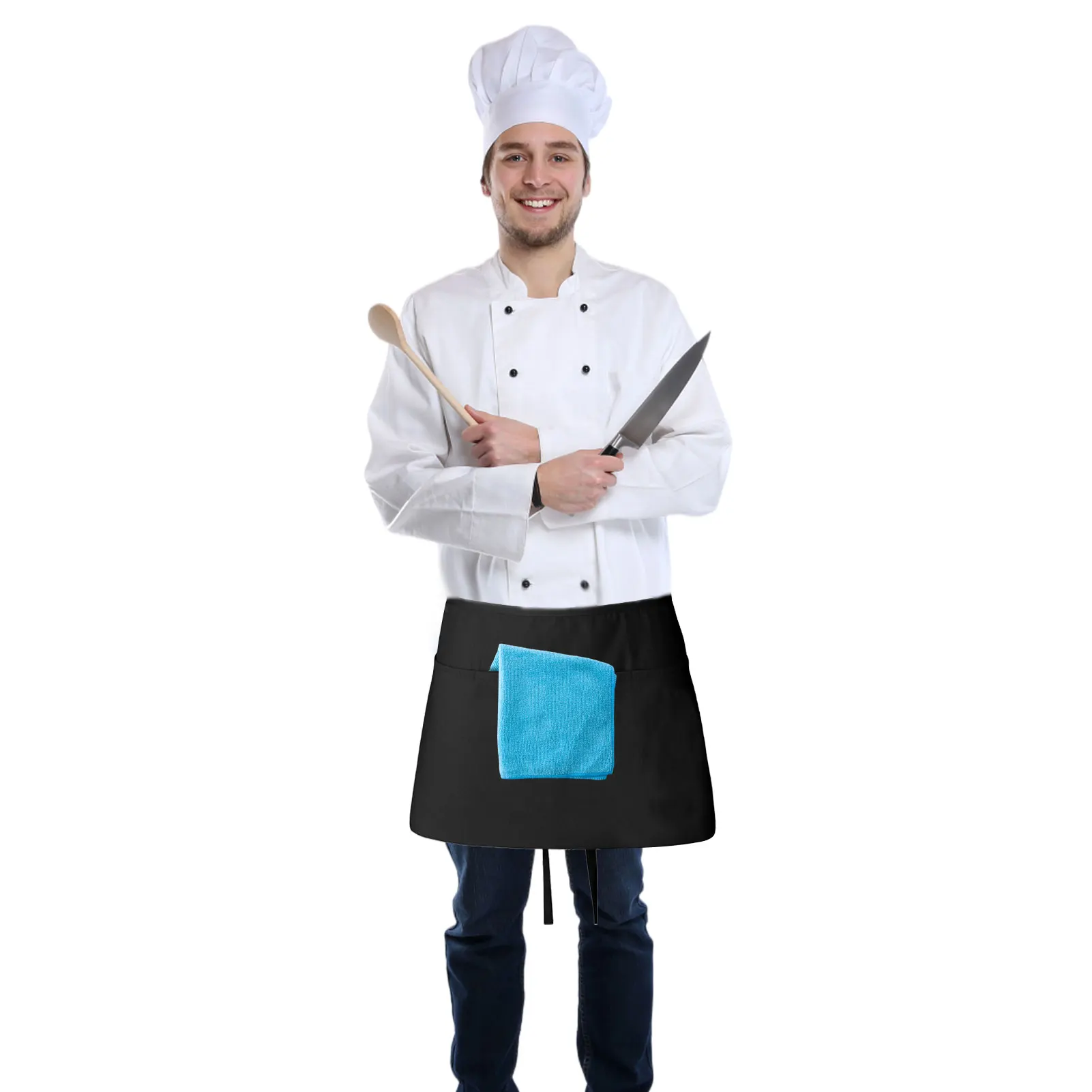 Black Waitress Apron Server Short Apron For Women And Men Women'S Waist Apron Men'S Business Waiter Half Apron With Extra Long