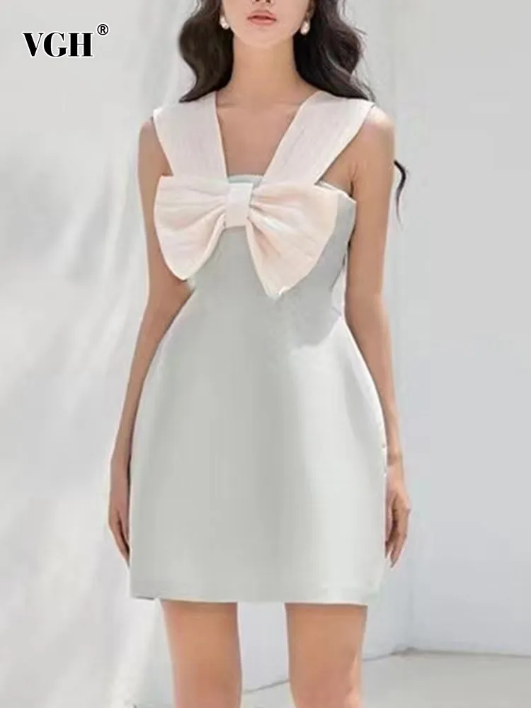 

VGH hit color patchwork bowknot elegant dress for women square collar sleeveless high waist slimming dresses female fashion new