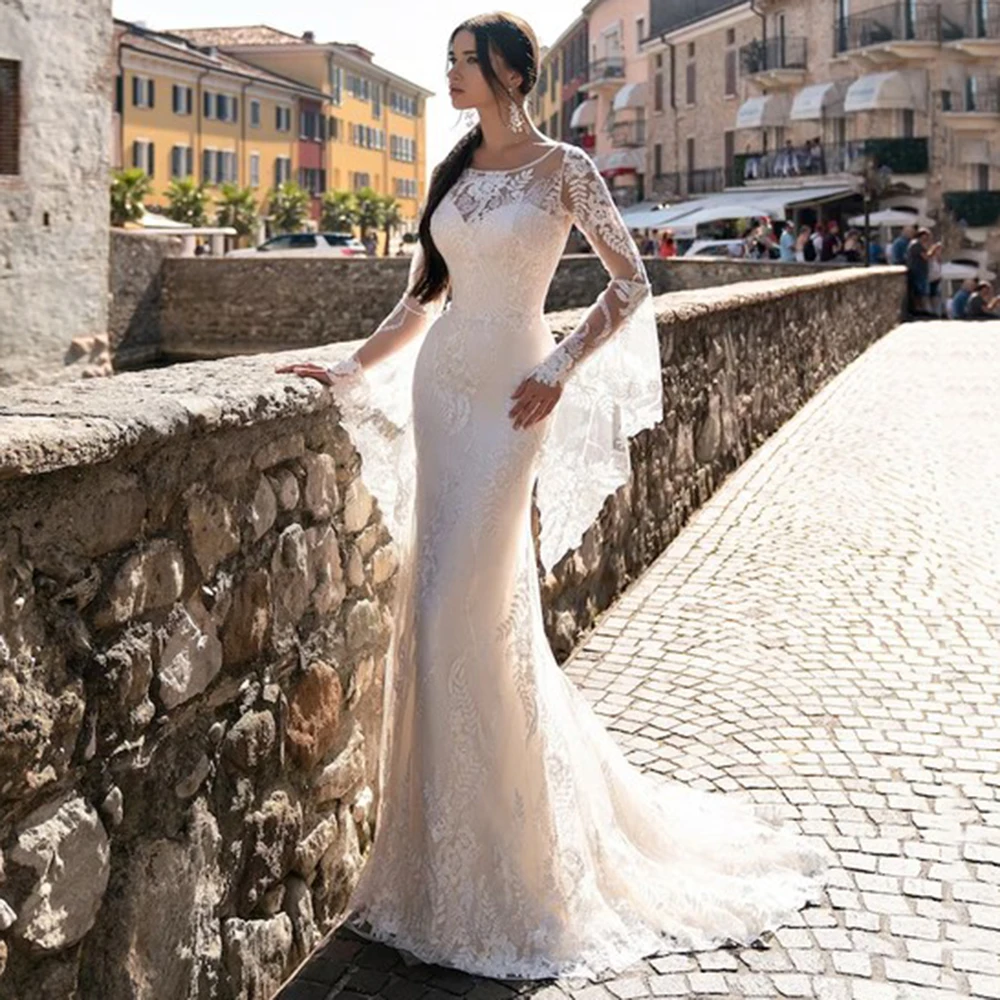 

Sheer Lace Mermaid Wedding Dresses with Illusion Long Sleeve Vintage Appliques Beach Backless Bride Party Gowns Sweep Train