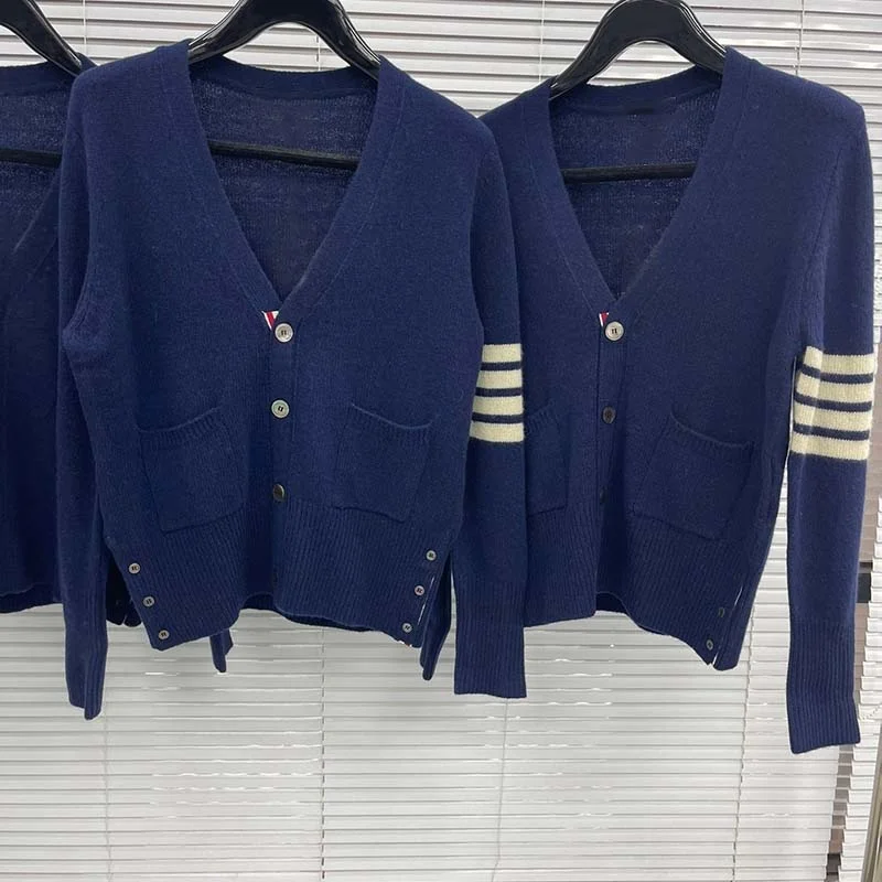 

Classic Winter Luxury Brand Blue Men Cardigan Fashion White Striped Design Korean Casual Knitted Sweater