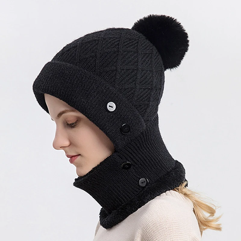 

Autumn and Winter Hat Scarf Integrated Women's Warm Knitted Hat Cycling Plush Pullover Hat Windproof Ear Protection Wool New