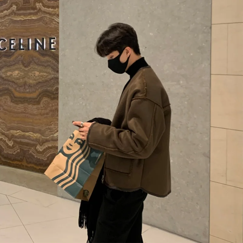 Winter Jacket Men Warm Fashion Brown Black Thickened Suede Jacket Men Streetwear Korean Loose Thick Short Coat Mens Clothes