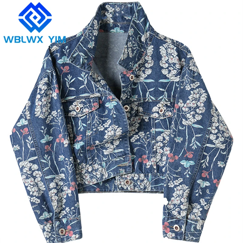 

Jeans Jacket Women Pocket Button Fashion Floral Print Pocket Lapel Short Denim Jackets Female Spring Autumn Loose Jeans Coat