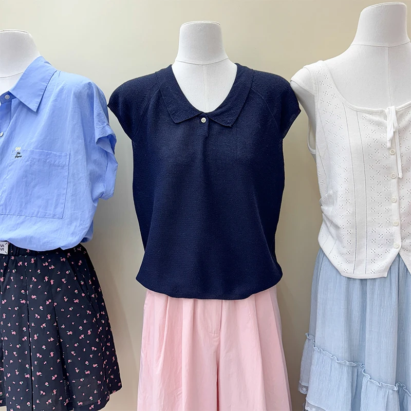 Thirteen Lines Summer New Korean Sle Lapel Pullover Half Sleeve T-shirt Loose Thin Dark Blue Casual Vest Top