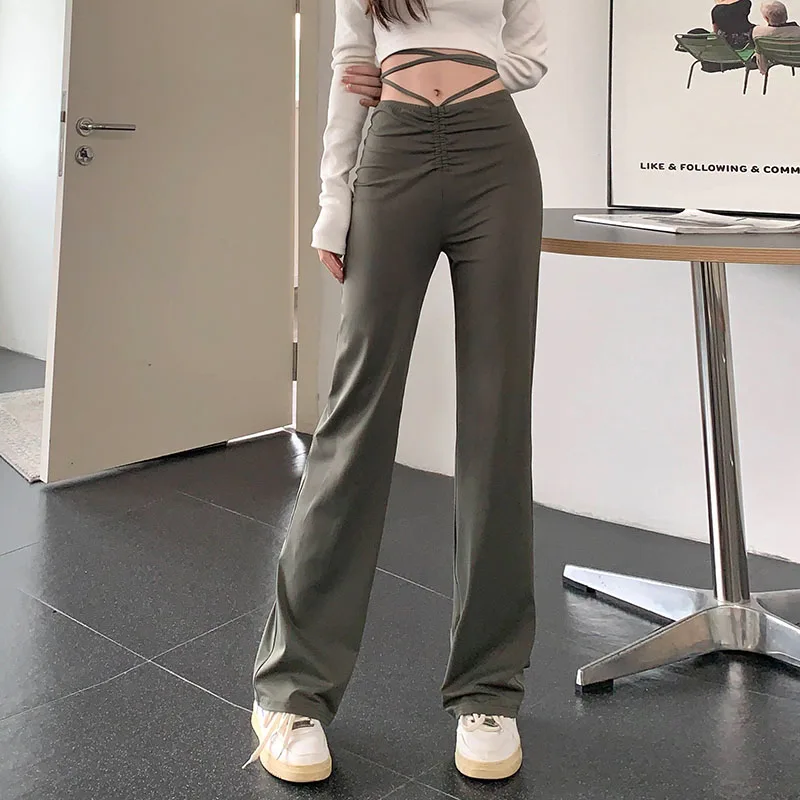 

4Colors Summer High Waist Lace Up Bandage Straight Pants Womens Street Casual Slim Trousers Lady Elastic Leisure Pant(X2367