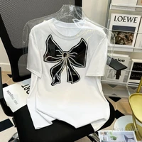 loose white cotton t shirts women 2022 korean style embroidery sequins bow patch round neck short sleeve tee tops