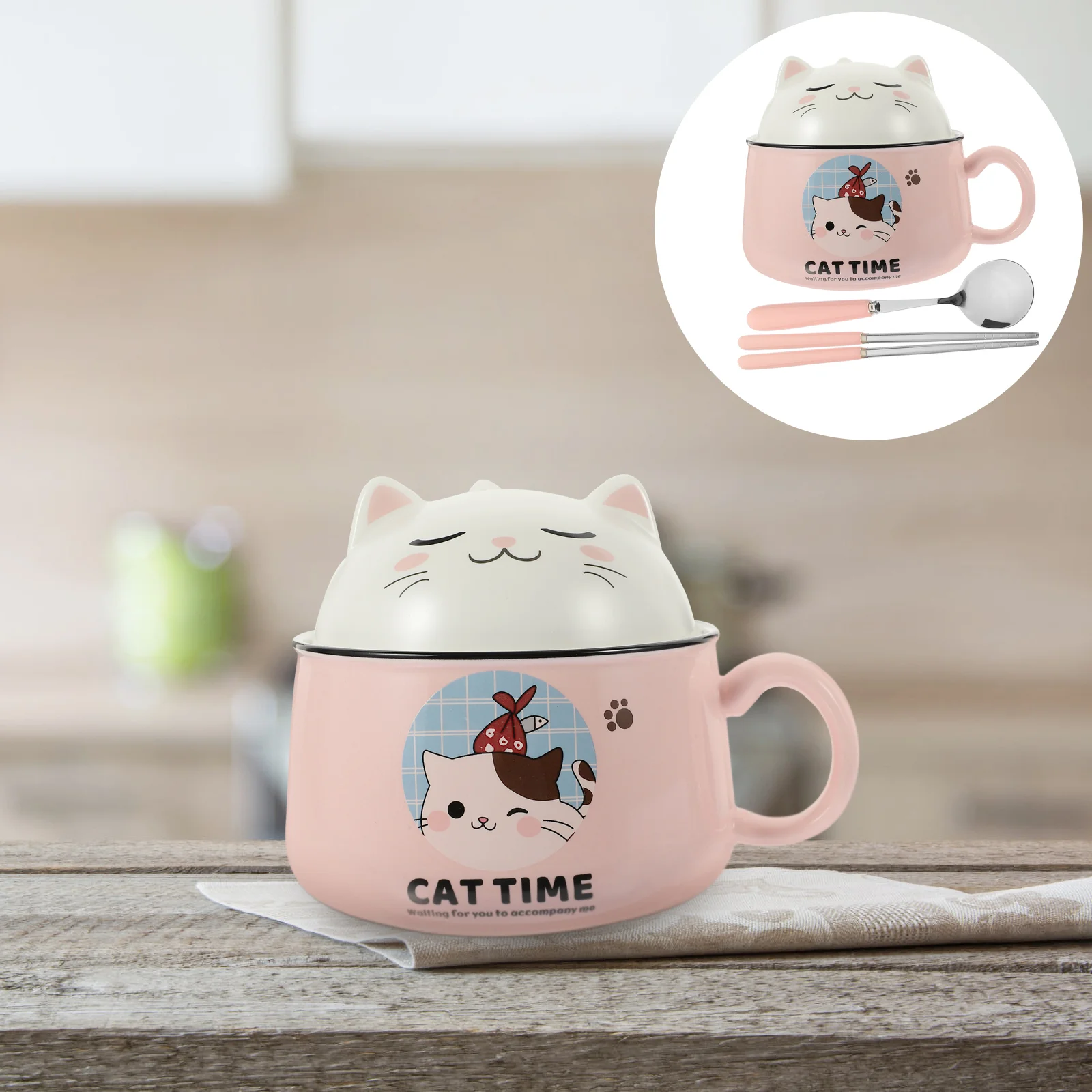 

Милая миска для рамен с крышкой, милая миска для рамен и лапши в форме кошки, миска для рамен и супа, 1 комплект