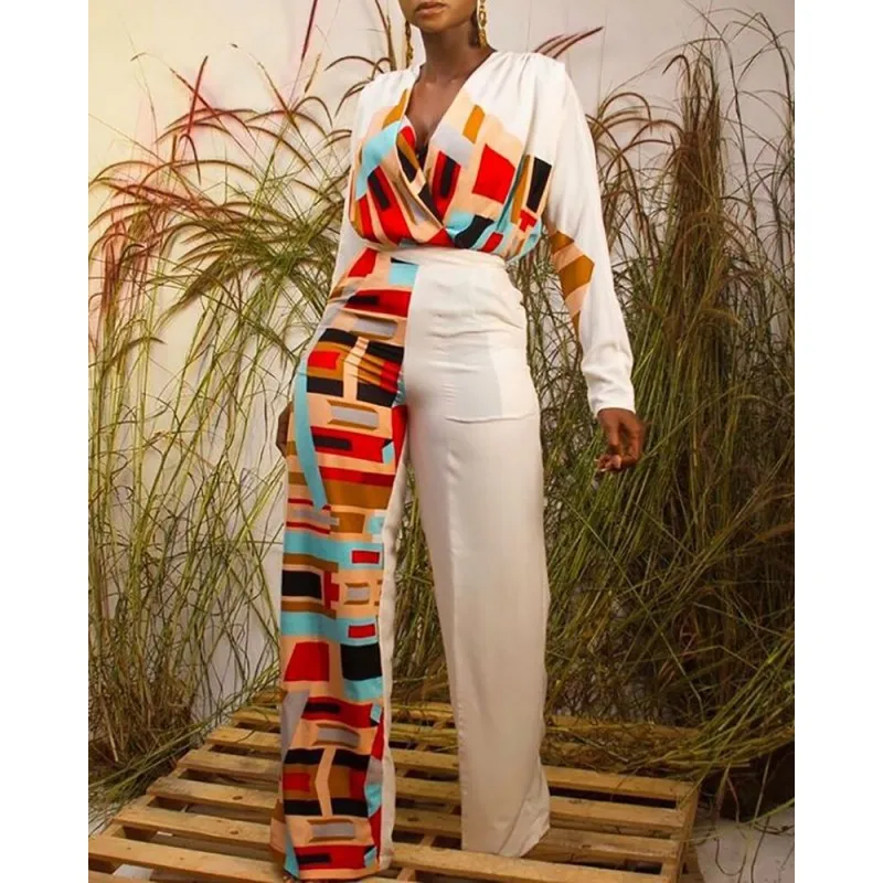

Dashiki Africa Jumpsuit For Women Wide Leg Pant Jumpsuits Playsuit Sexy V-Neck Rompers Fashion Printing Streetwear Overalls 2021