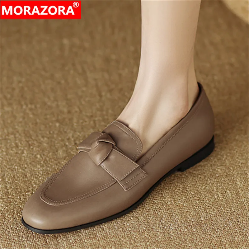 MORAZORA 2023 New Genuine Leather Loafers Shoes Woman Square Low Heels Single Shoes Classics Shallow Ladies Dress Pumps
