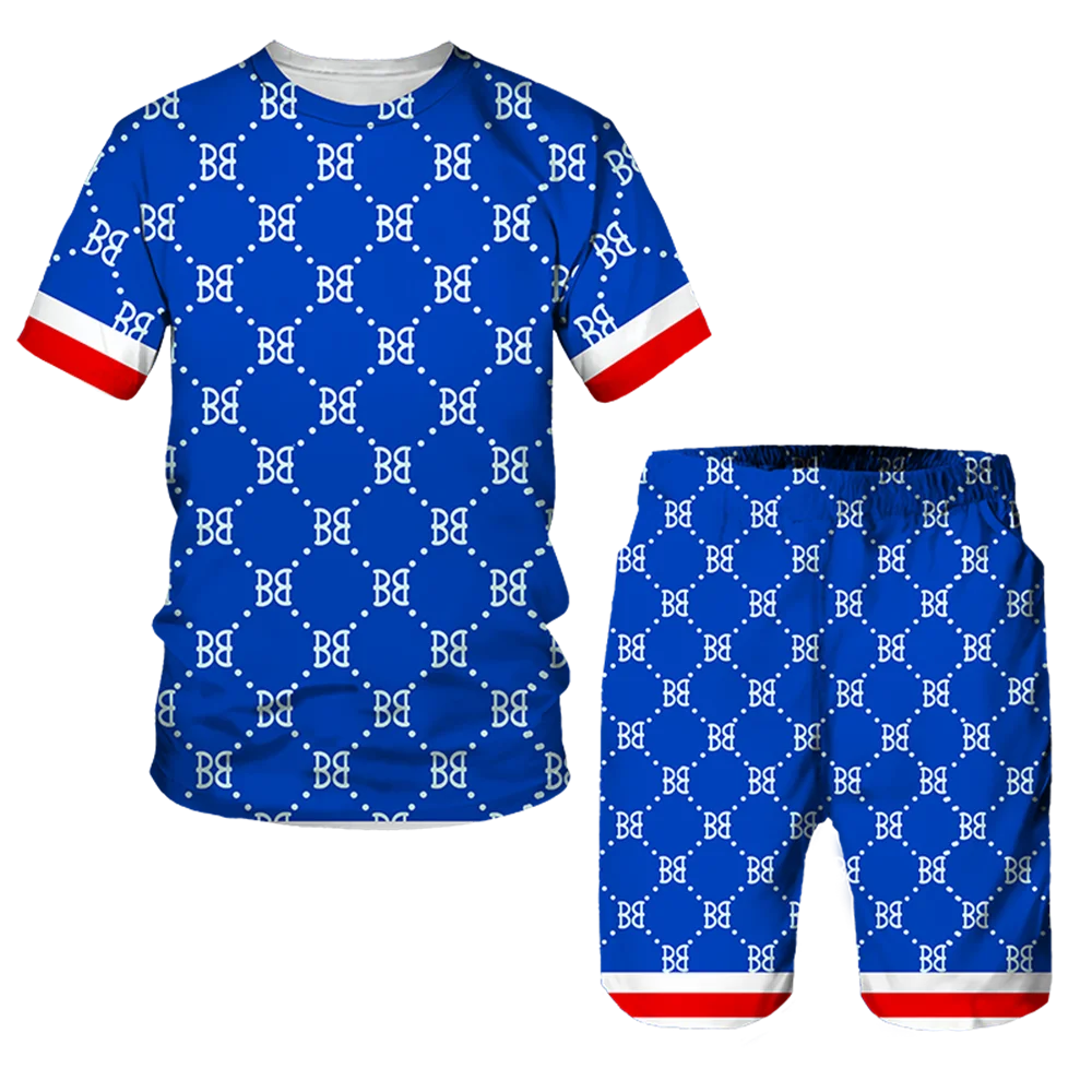 

Casual Fitness Running Wear 3D Pattern Printing Y2K Summer Men Fashion 2 Piece T-shirt + Shorts Beach Sportswear Breathable