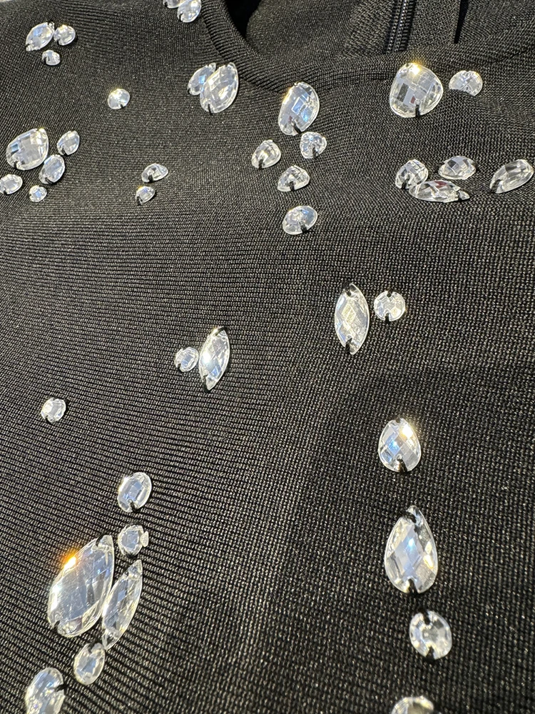 Sexy O Neck Long Sleeve Diamonds Bandage Dress Women Black Rhinestone Beaded Bodycon Dresses Evening Party Gowns