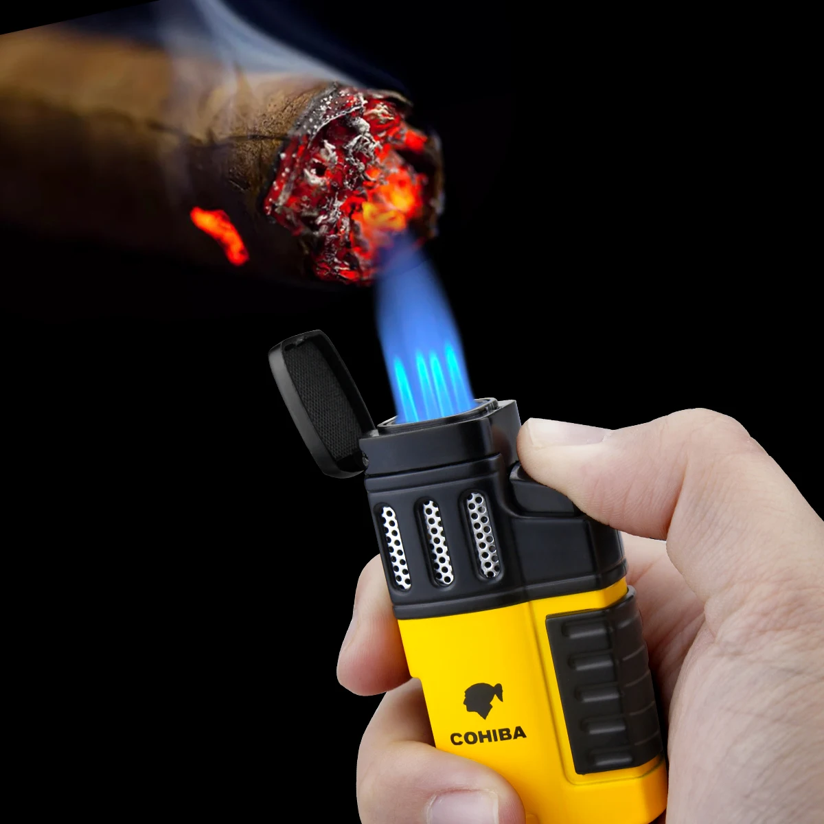 

Portable Butane Gas Outdoor Windproof Metal Cigar Lighter Four Fire Straight Into Inflatable Personality Lighter with Drill Tool