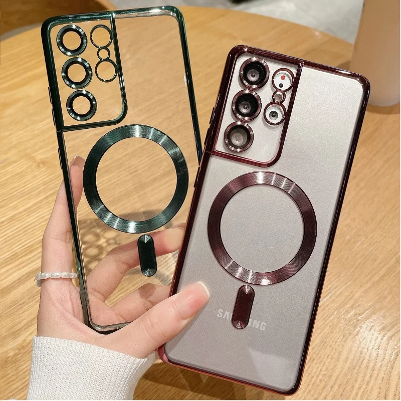 

HOCE Magnetic Adsorption Phone Case For Samsung Galaxy S23 S22 S21 Ultra Plating Frame Case For S23 S22 S21 Plus With Lens Film