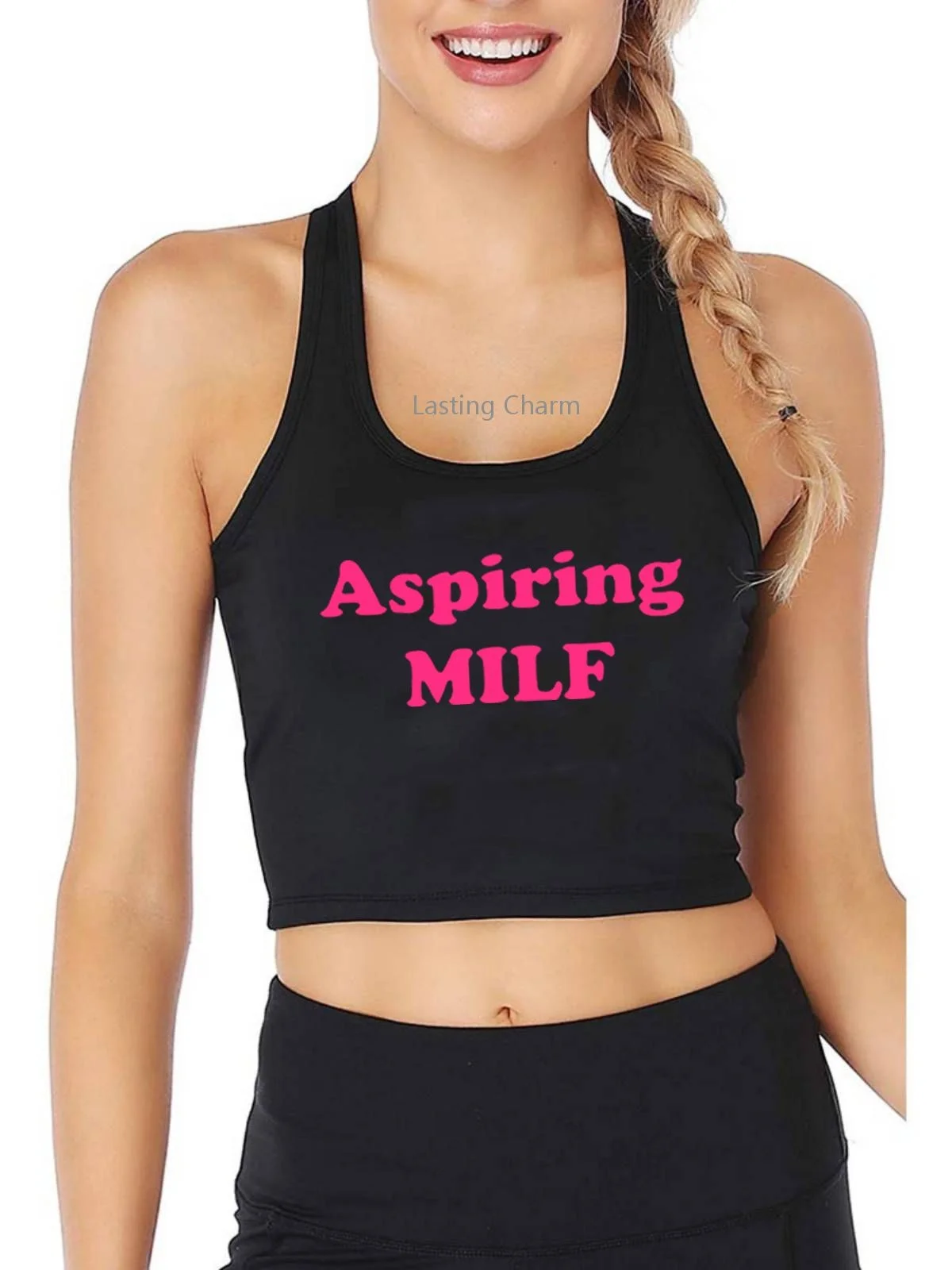 

Aspiring Milf Pattern Adult Humor Fun Fashion Print Tank Top Women's Yoga Sports Workout Crop Tops Gym Vest