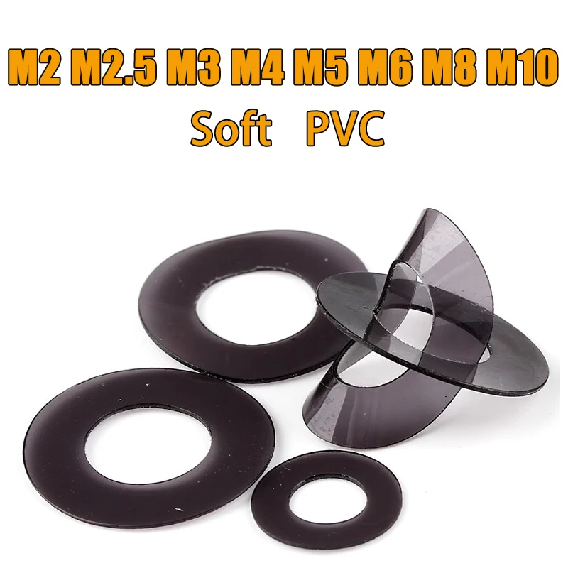

M2 M2.5 M3 M4 M5 M6 M8 M10 Мягкий пластик ПВХ Черная изоляционная простая прокладка Кольцевая прокладка Плоская шайба 100 шт.