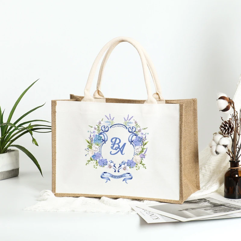 

Custom Name Burlap Tote Shopper Bridesmaid Jute Gift Bag Linen Personalized Bridal Party Bachelorette Wedding Goodie Bag