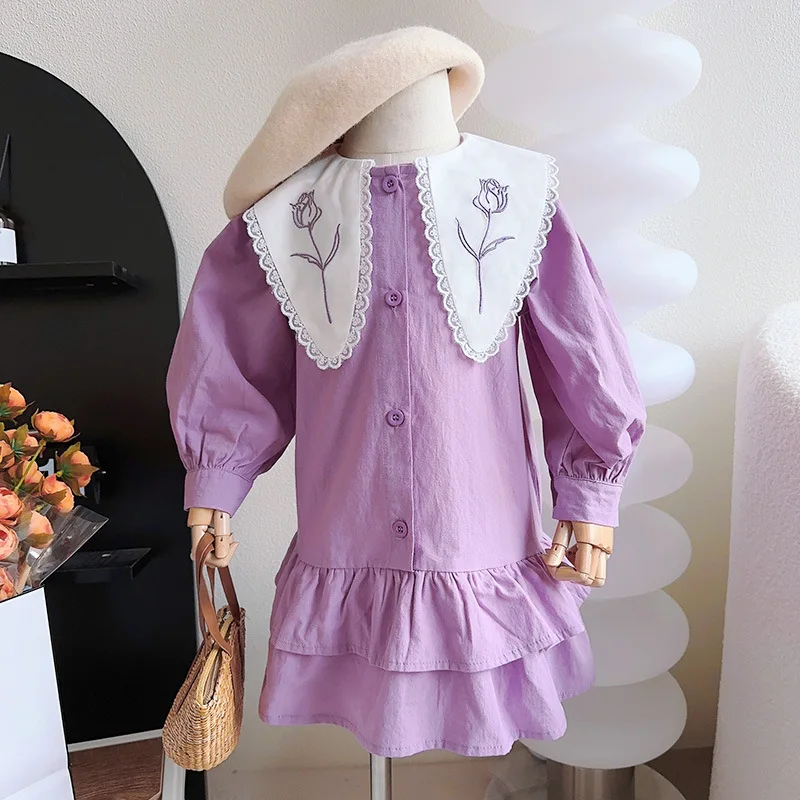 

Spring Girls New Lace Collar Purple Dress Girls Clothes Fashion Skirt Embroidered Cotton Long-sleeved Princess Dress 4-12y