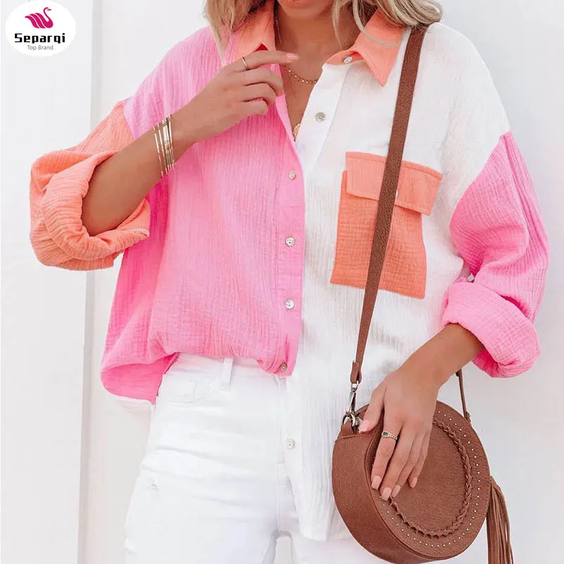 

Spring Summer Fashion Women New Patchwork Shirt Elegant Commute Contrast Lapel Buttons Cardigan Streetwear Ladies Casual Blouses