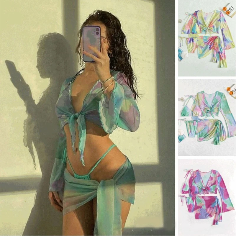 

Y1QE Four-pieces Female Tie Dye Soft Bag Bikini Knotted Women Sexy Bathing Suit Beachwear Fashionable Split Swimwear Set