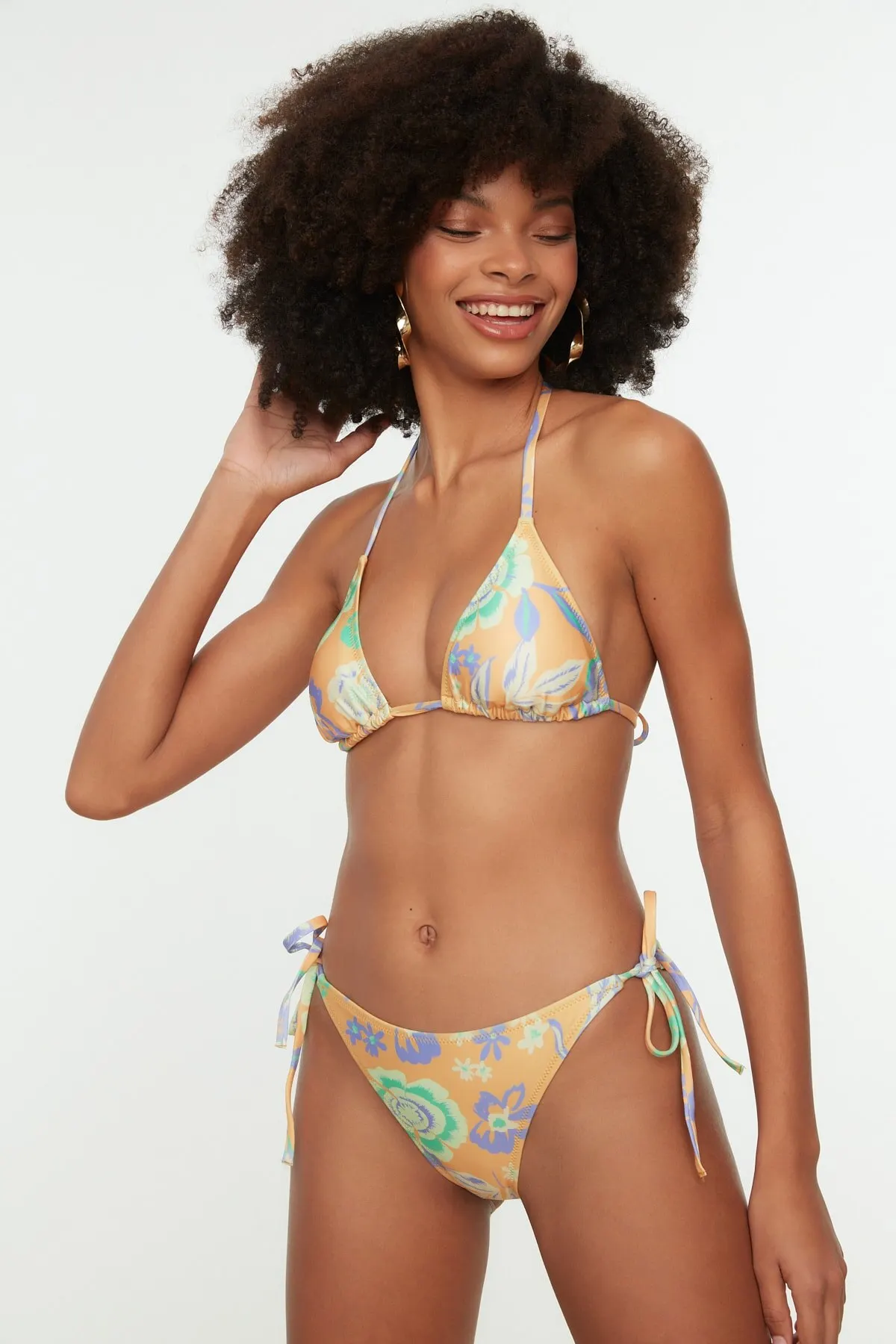 

Women's Bikini Orange Floral pattern Tie Detailed Bikini Bottoms Swimwear Lady Swimsuit 2022 Summer New Pushup Bikinis