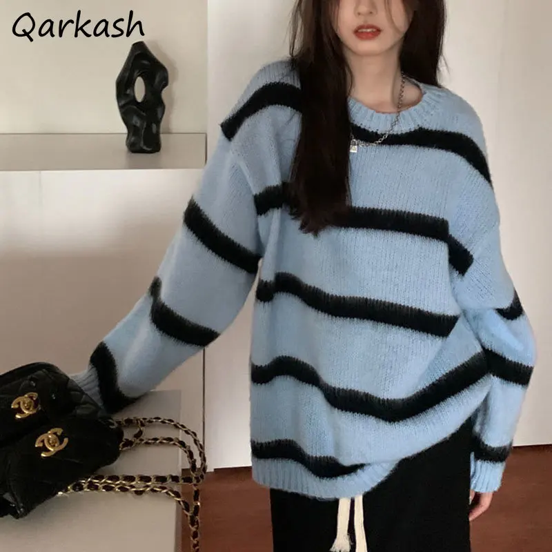 

Striped Baggy Pullovers Warm Harajuku Casual Knitted Autumn Clothing Retro Sweaters Panelled Females Korean Style Fashion Chic