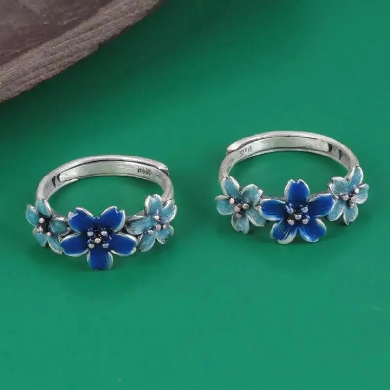 

Sterling Silver Ring Female Flower Dropping Glue and Oil Dropping Process Ring Vintage Flower Living Ornament