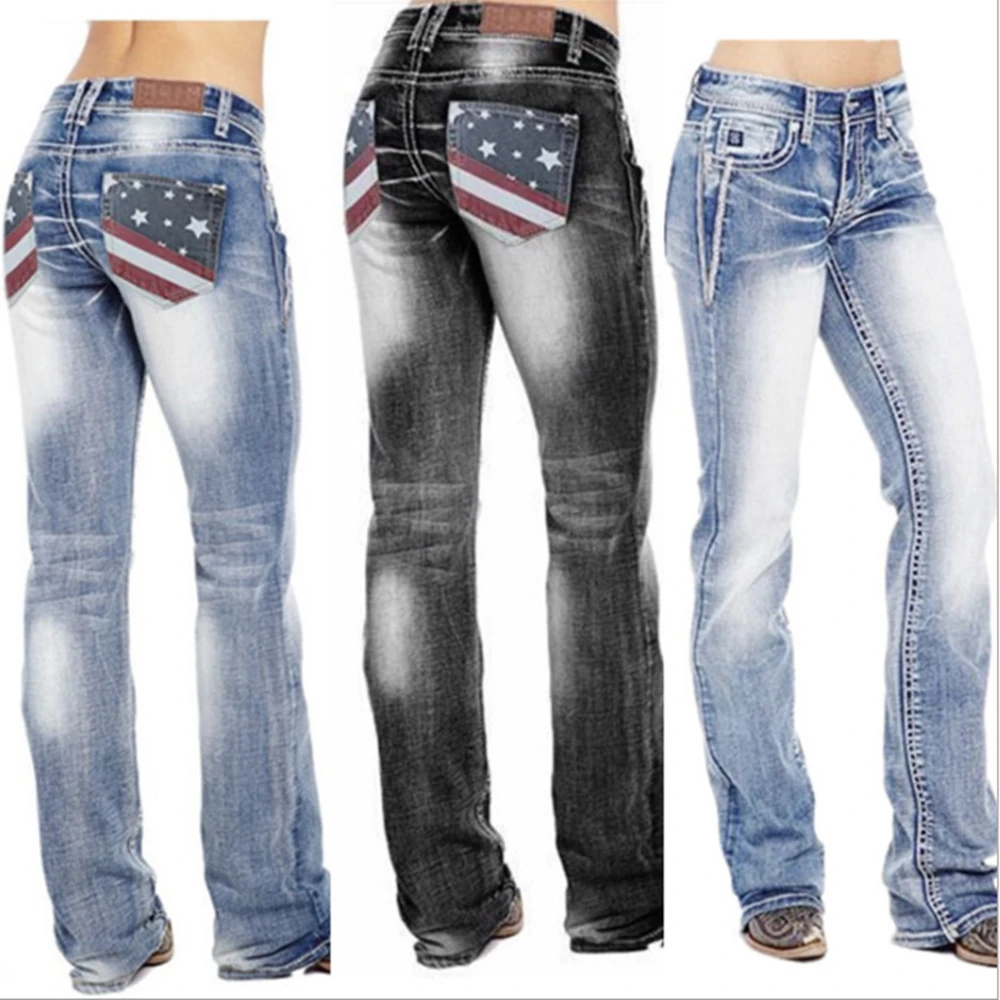 

Woman Jeans Femme High Waist Clothes American Flag Stretch Washed Bootcut Mom Jeans Ropa Mujer Vintage Pants Denim Pantalon