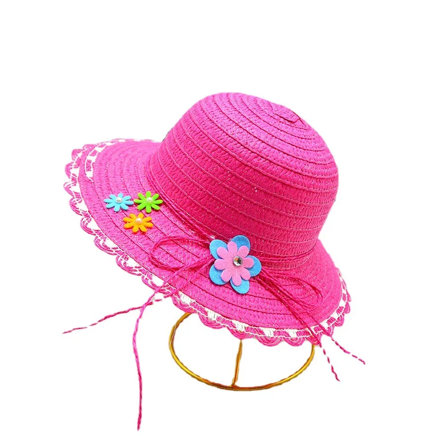 Girls Summer Cap Beige Flower Wreath Straw Cap Wide Wavy Brim Summer Beach UV Protect Sunscreen Hats Beach Hats 3-8 Years images - 6