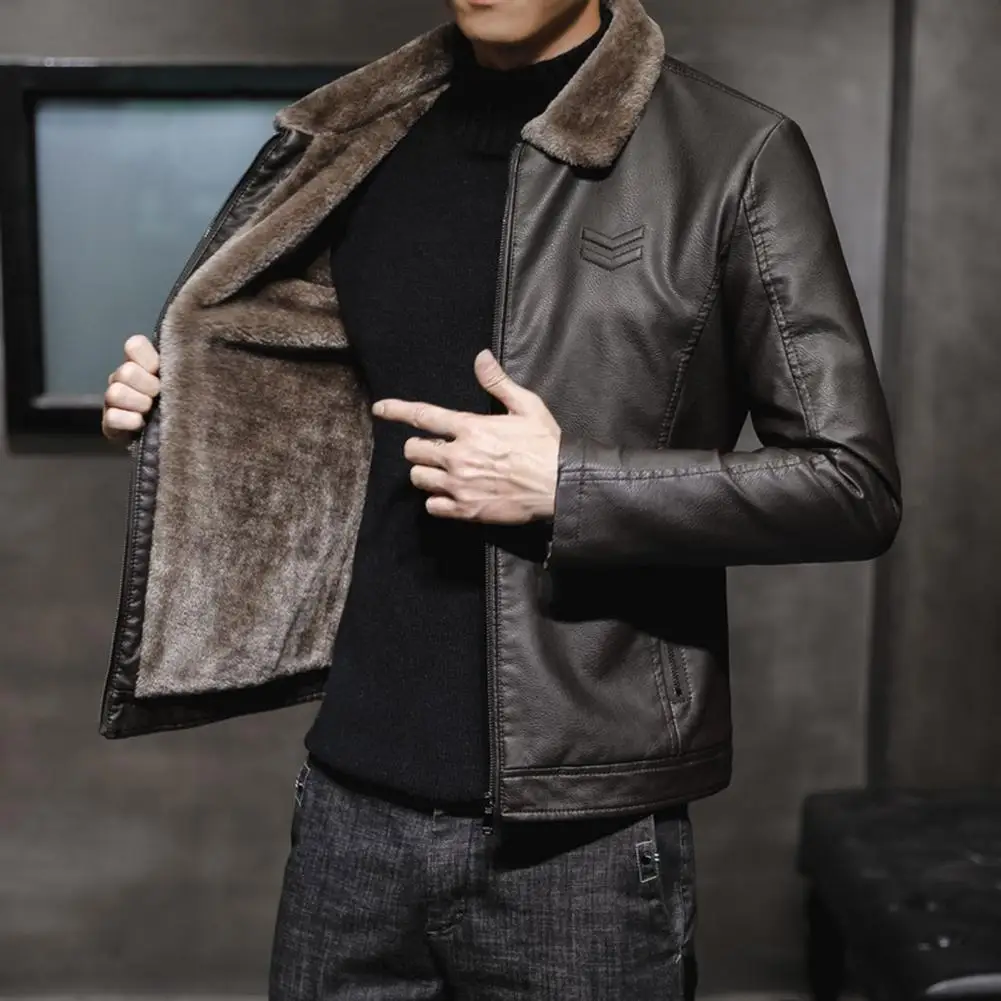 

New Thick Brown Leather Jacket Mens Winter Autumn Men's Jacket Fashion Faux Fur Collar Windproof Warm Coat Men Brand Clothing
