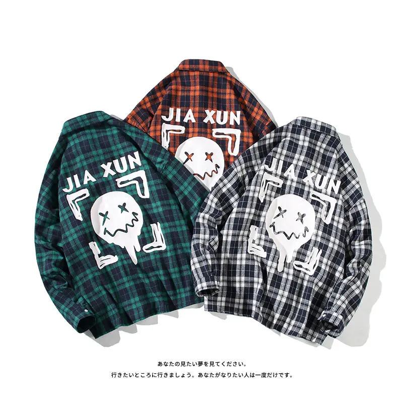 

2022 Spring Trend Print Plaid Shirts Men High Street Male Retro Long Sleeve Top Teens Oversized Fashion All-match Flannel Blouse