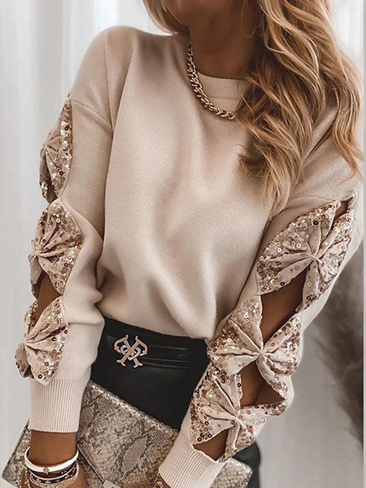 

Hollow Out Blouse Women Sequin Bowknot Long Sleeve Top Solid Casual Fashion Shirt Spring Autumn Fashion Vintage Elegant Blouse