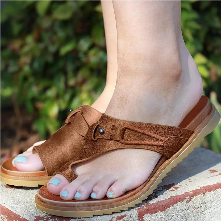 

2022 Sandals for Women Orthopedic Bunion Corrector Slippers Leather Ring Toe Sandal Comfy Platform Flat Lady Shoes Plus Sizes