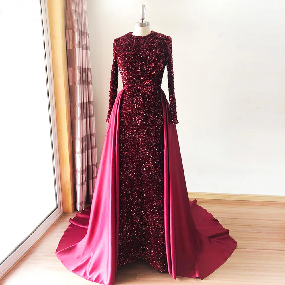 

Sexy Wine Red Evening Dresses Sequin Mermaid Formal Prom Gownes Party Muslim Round Neck Long Sleeve Strip Detachable Satin Robe