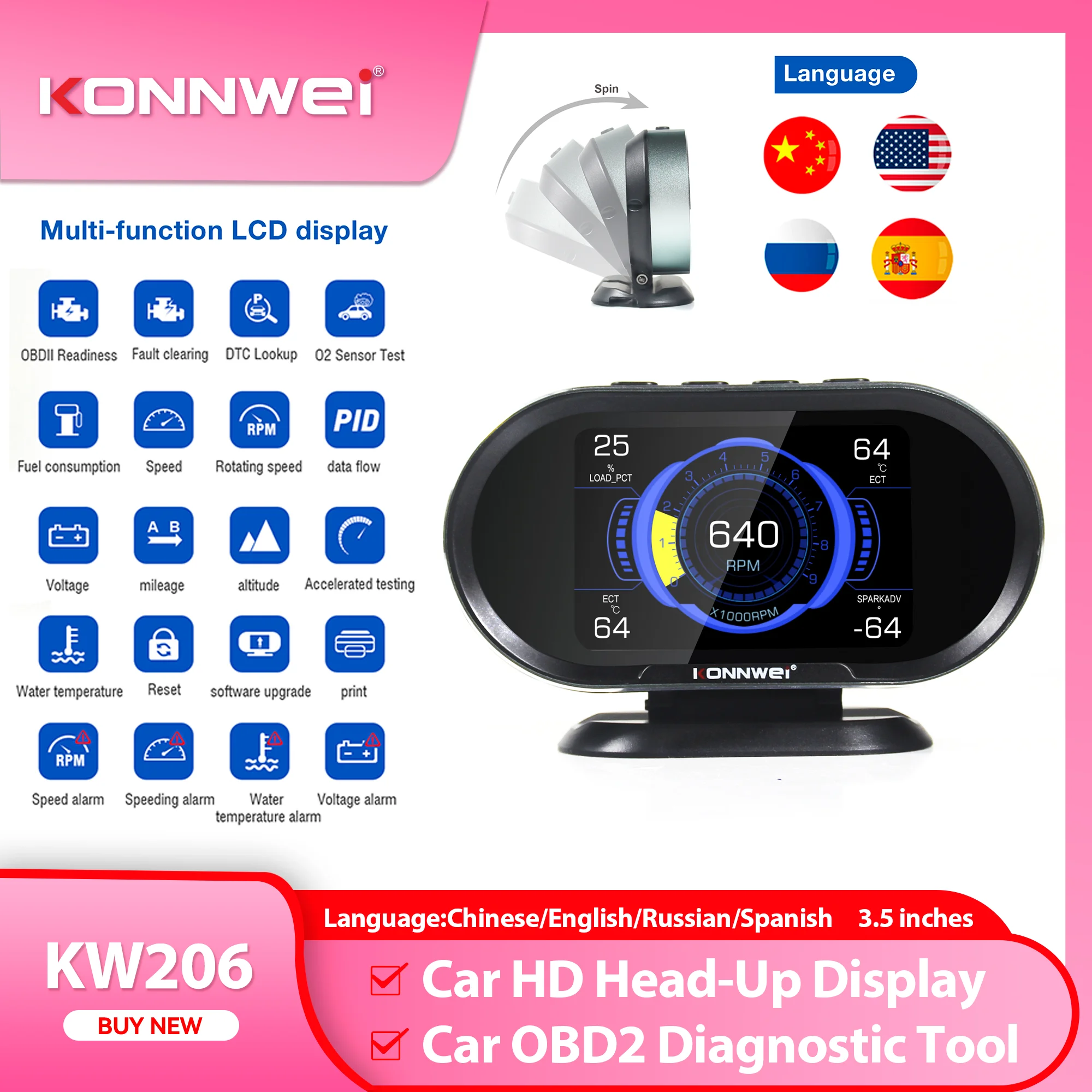 Фото Диагностический инструмент KONNWEI KW206 для автомобилей OBD2, HUD 2-в-1, очистка кодов неисправностей, тест датчика 02, оповещение о превышении скорости, поиск DTC, инструменты для определения пробега. №1