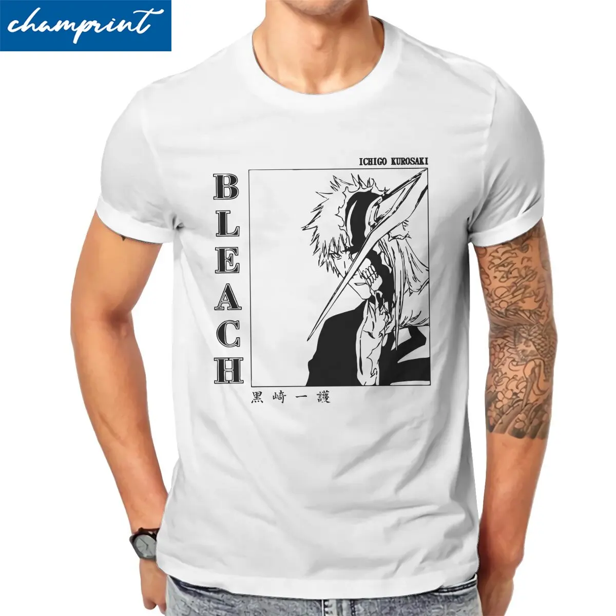 

Men T-Shirts Bleach Ichigo Kurosaki Anime Leisure Cotton Tee Shirt Short Sleeve T Shirt Crew Neck Tops Gift Idea